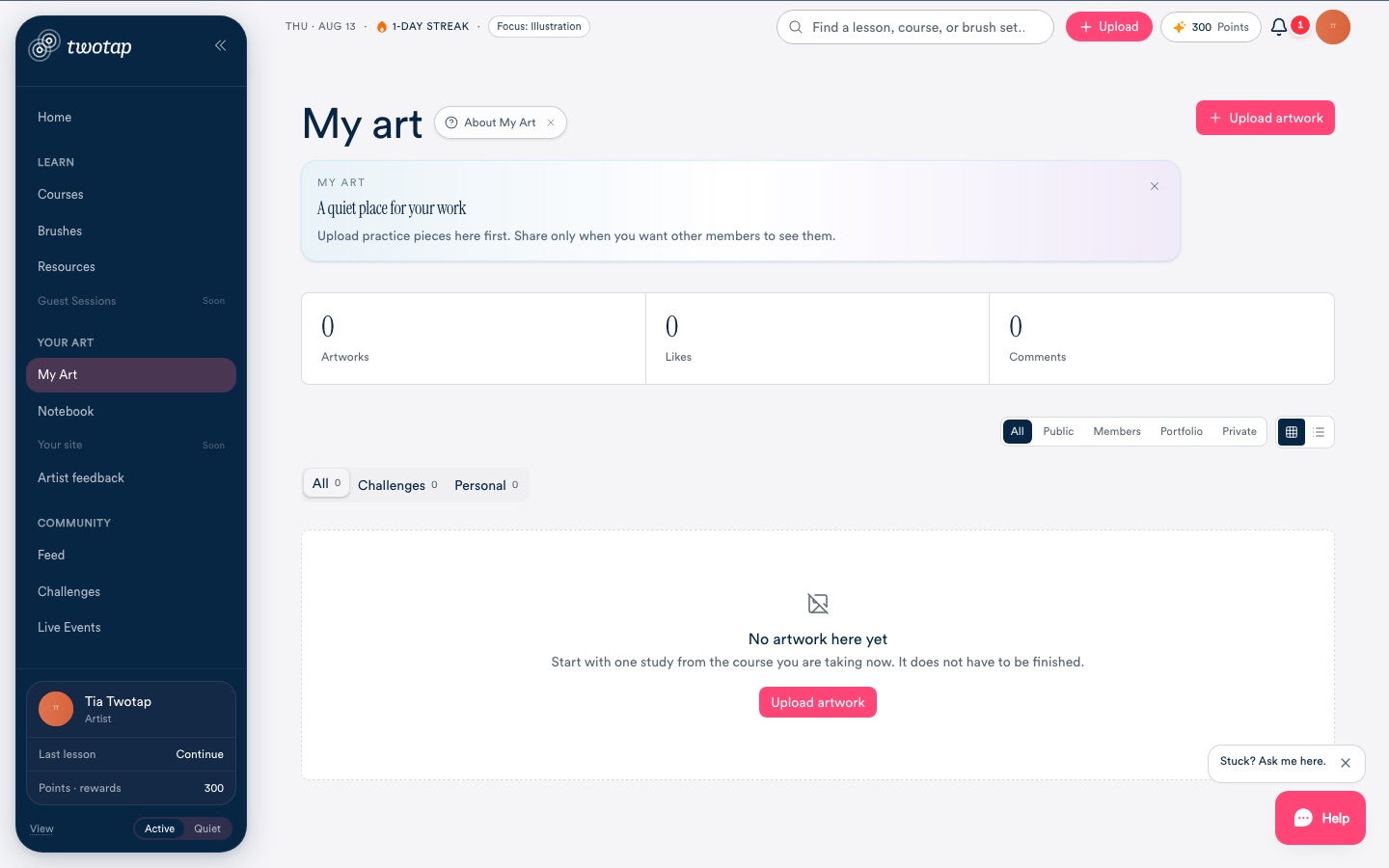 My Art + portfolio inside the live Academy